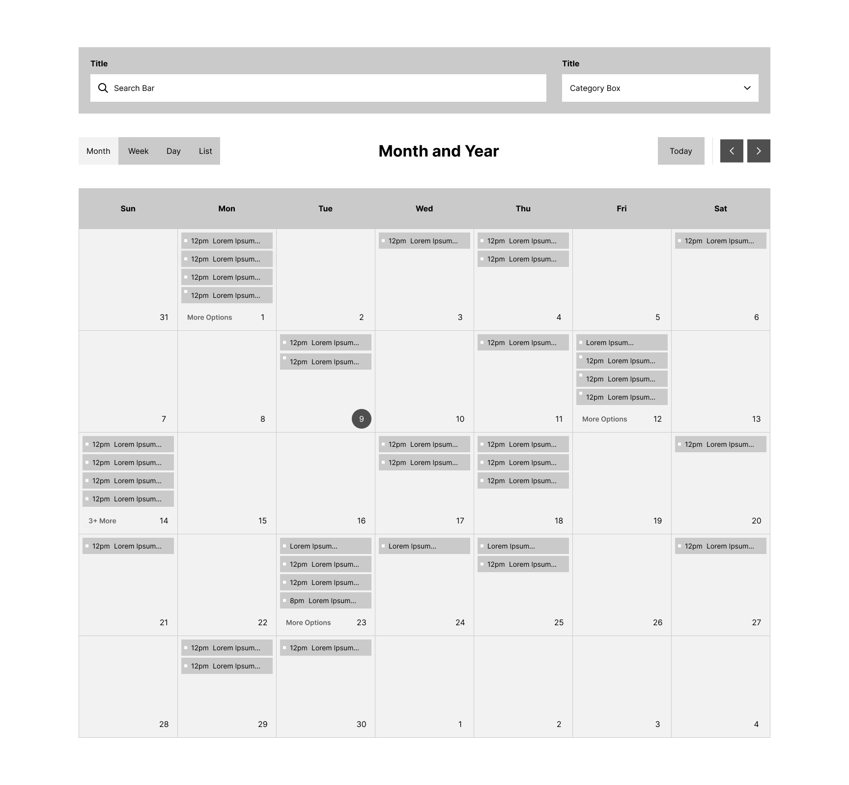 Mid-Fidelity Wireframe of Month View